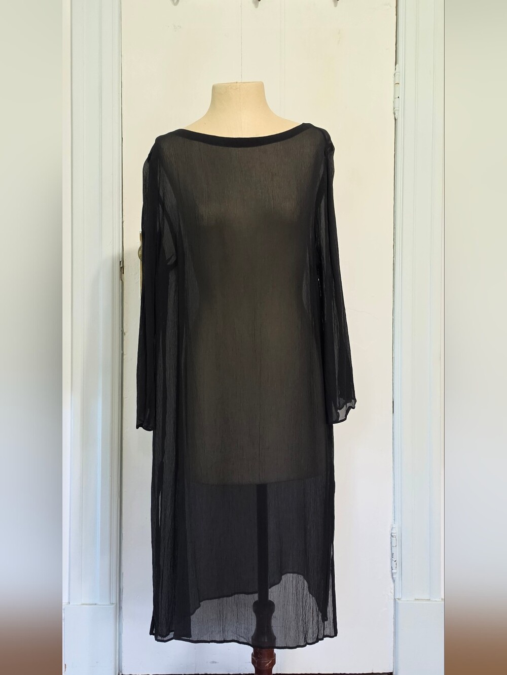 J. Jill 100% Silk Sheer Black Long Sleeve Midi Dress